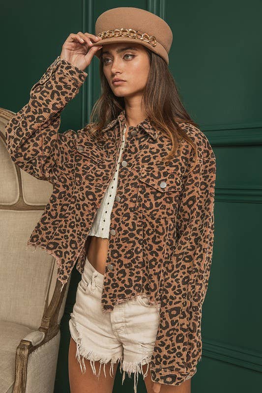 Leopard Washed Corduroy Jacket With Distressed Hem