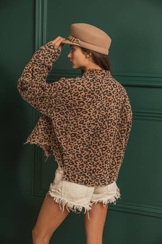 Leopard Washed Corduroy Jacket With Distressed Hem