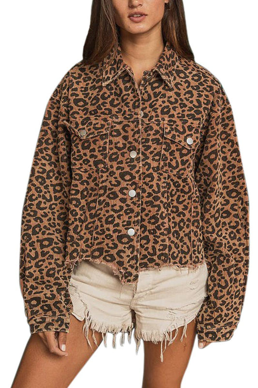 Leopard Washed Corduroy Jacket With Distressed Hem